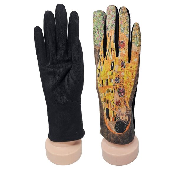 Women's Fleece Gloves, Gustav Klimt's "The Kiss" Print, 9" Long - Picture 2 of 5